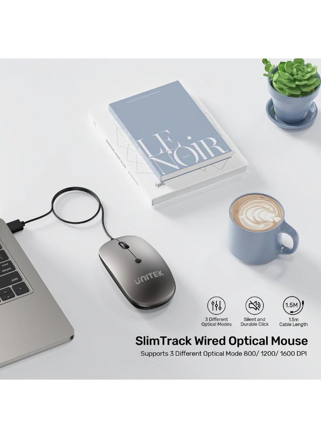يوني تيك SlimTrack Wired Optical Mouse – Slim, Silent, 1600 DPI, Multi-Functional Scroll, USB-A Plug & Play - Image 3